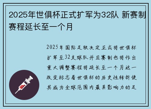 2025年世俱杯正式扩军为32队 新赛制赛程延长至一个月