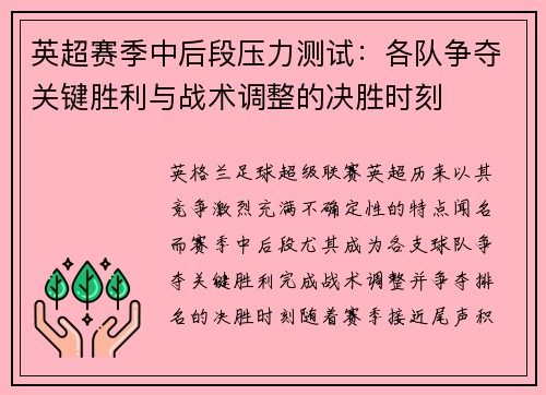 英超赛季中后段压力测试:各队争夺关键胜利与战术调整的决胜时刻 英超赛季中后段压力测试:各队争夺关键胜利与战术调整的决胜时刻