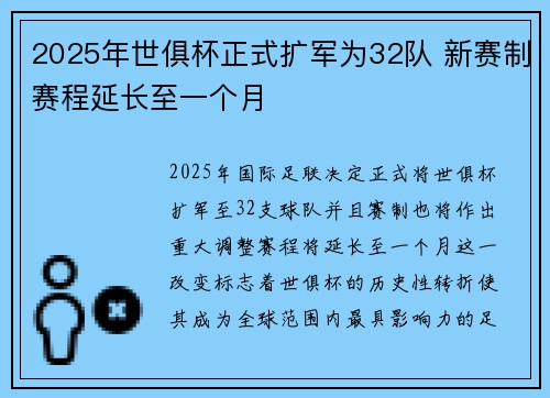 2025年世俱杯正式扩军为32队 新赛制赛程延长至一个月 2025年世俱杯正式扩军为32队 新赛制赛程延长至一个月